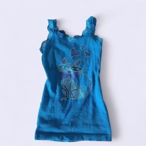 Sparkling Rhinestone Cat Design Blue Tank Top